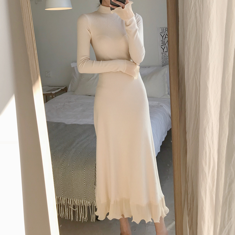 SYT fairy air pervaded with high collar, slim pure color long sleeve ocean dress retro close-up splicing bottom midlength dress