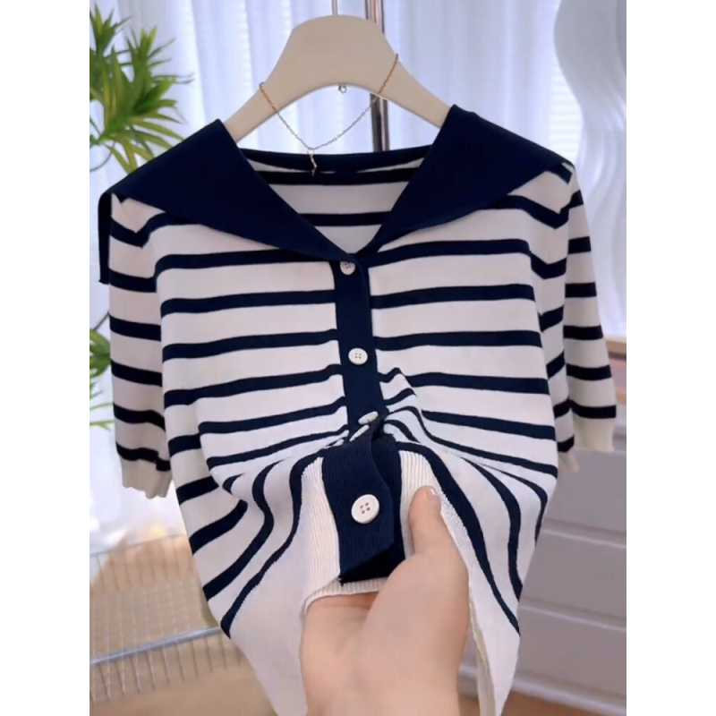 Navy Blue Short-Sleeved Striped Knitted Cardigan for Women, Summer 2026 New Style, Elegant Sailor Collar, Contrasting Color, Unique Top Navy Blue Short-Sleeved Striped Knitted Cardigan for Women, Summer 2026 New Style, Elegant Sailor Collar, Contrasting Color, Unique Top