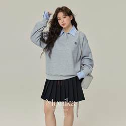 Monica Plus Size Women's Fat mm Fake Two-Piece Stripesd Lapel Fleece-Lined Sweatshirt Women's Loose Pullover Polo Collar Top