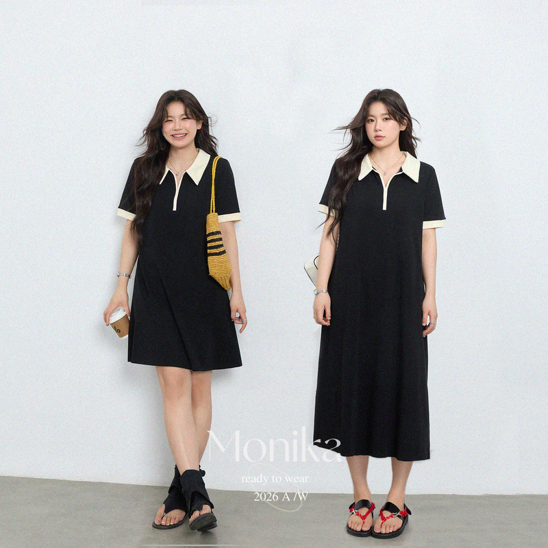 Plus Size Women's Polo Collar Dress, New Autumn Style, Black Color-Blocking Mid-Length Commuter Dress, Slimming Dress for Fat Women