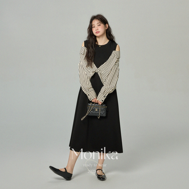 Plus Size Women's Black Casual Long-Sleeve Dress, New Style for Chubby Women, Slimming, Concealing, Shoulder-Cut Design, Fake Two-Piece Long Dress