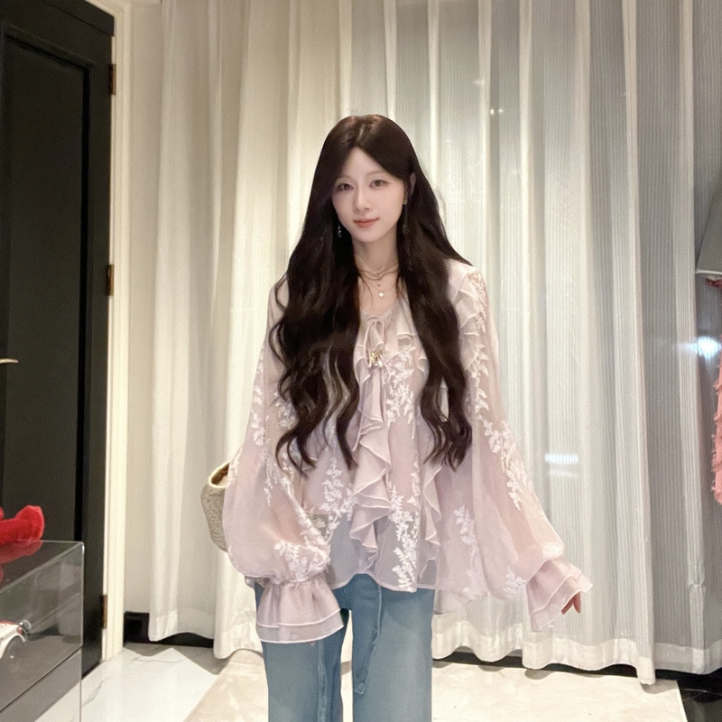 Fish Er【Pink Purple Sweet Tea】Designer Haute Couture/Gentle and Delicate Ruffled Embroidered Floral Top