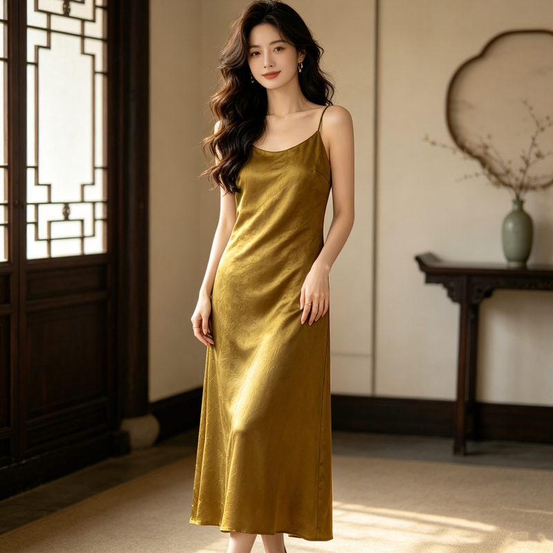 Elegant Chinese-Style Spaghetti Strap Dress for Women, Summer Solid Color Satin High-End Acetate Jacquard New Chinese Style Slimming Long Dress