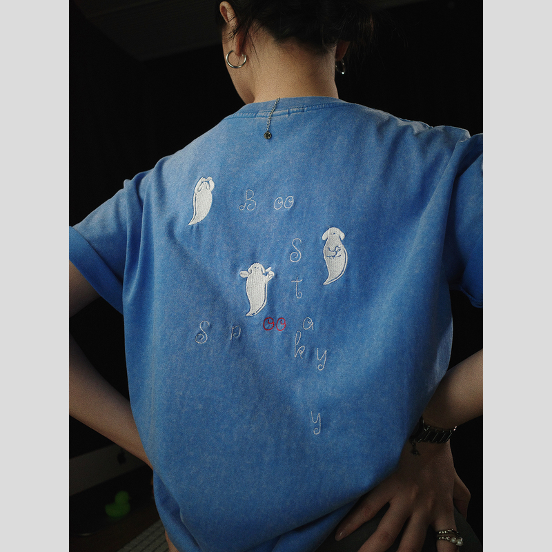 Pii Boo Stay Spooky Dog Ghost Squad ~ Quirky Heavy Embroidery Vintage Distressed Royal Blue T-Shirt Pii Boo Stay Spooky Dog Ghost Squad ~ Quirky Heavy Embroidery Vintage Distressed Royal Blue T-Shirt