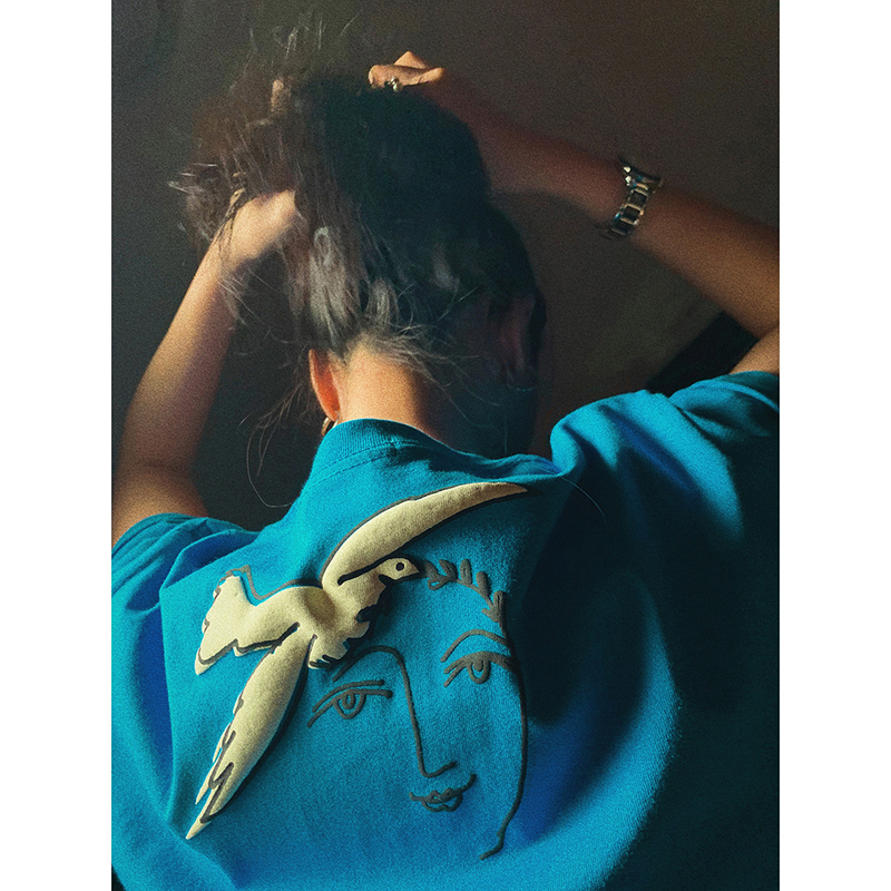 Pii Picasso Flying Bird Picasso Retro Sky Blue Stereo Print American Casual T-Shirt 230g Unisex