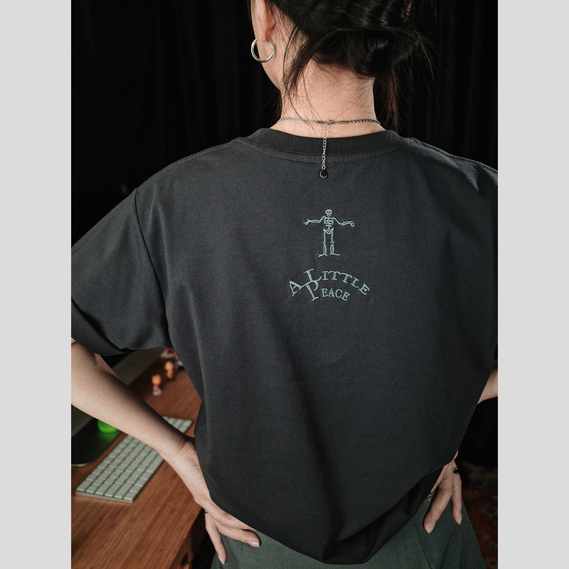 Pii Alittlepeace a Little Peace Embroidered Skull Iron Gray American Retro T-Shirt Short Sleeve 240g Pii Alittlepeace a Little Peace Embroidered Skull Iron Gray American Retro T-Shirt Short Sleeve 240g