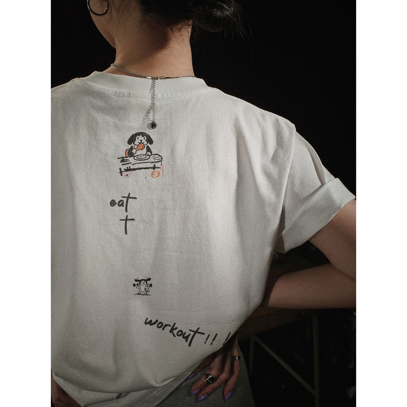 Pii Eat+Workout Eat+Exercise Iron Dog American Hand-Drawn Fitness Retro White T-Shirt 240g