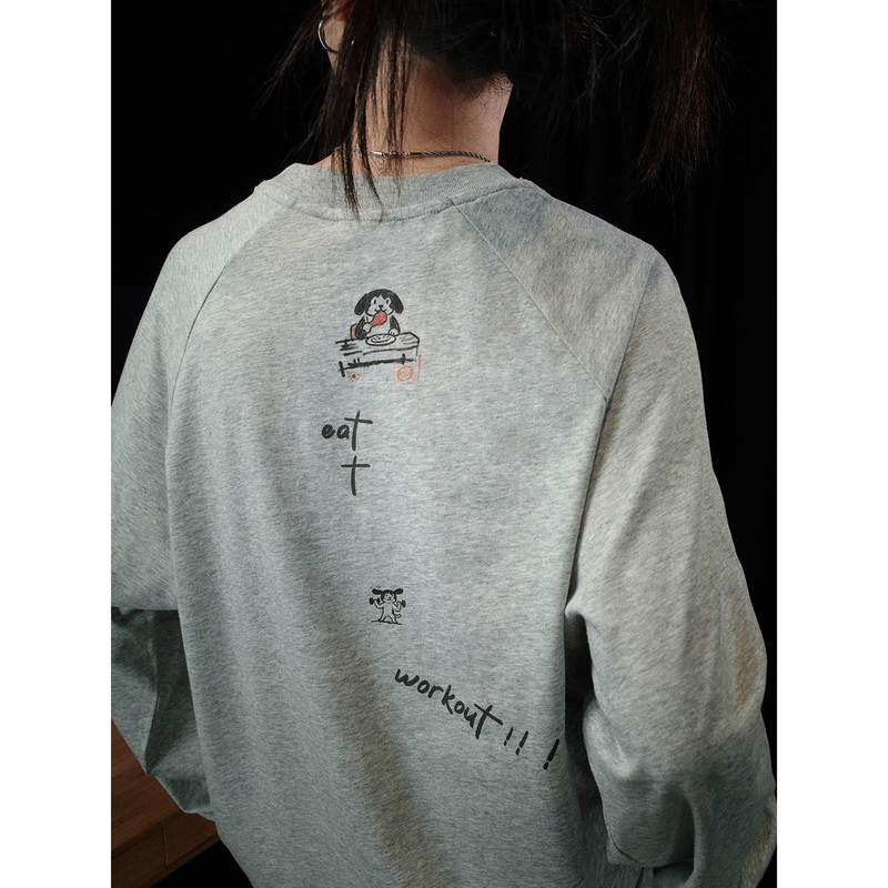 Pii Eat+Workout Eat+Exercise Iron Dog American Hand-Drawn Fitness Raglan Sleeve Gray 165g