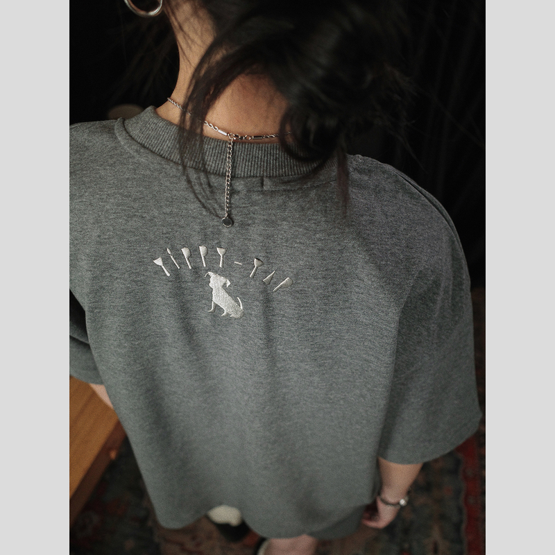 Pii Yippy-Yap Yipie Puppy Embroidery Heavyweight Gray American Retro Short-Sleeve Loose T-Shirt