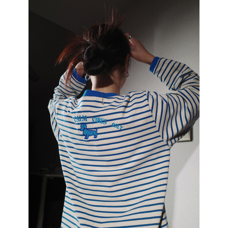 Pii Calm Vibe Only… Quiet Little Blue Dog Retro Nautical Long-Sleeve T-Shirt Sea Blue + White American Style Pii Calm Vibe Only… Quiet Little Blue Dog Retro Nautical Long-Sleeve T-Shirt Sea Blue + White American Style