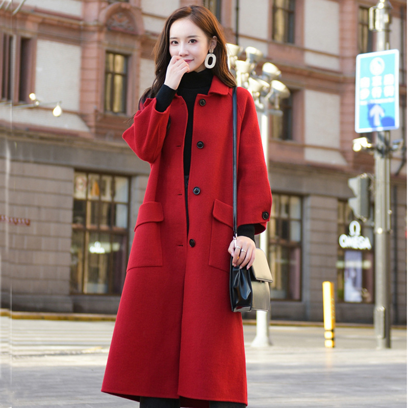 Double-sided cashmere woolen coat women's mid-length 2022 new popular high-end Korean style autumn and winter red woolen coat