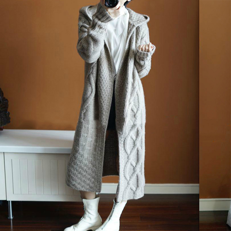 Fall - winter long sleeved wool knitted sweater coat girl 2022 new medium - long - sized lazy wind tops loose cap