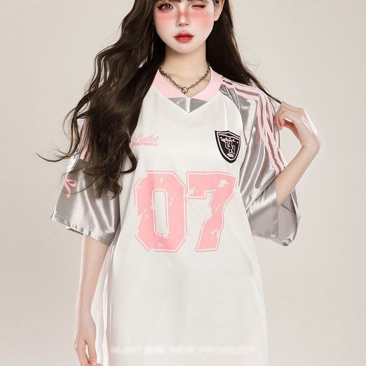 American Retro Patchwork Printed Short-Sleeved T-Shirt for Women, Summer Casual Sports Style Top, Loose V-Neck Jersey ins Trendy