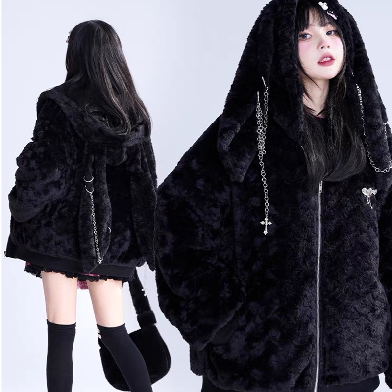 Soft and Cute Hooded Rabbit Ear Fur Coat, Cotton-Padded Jacket for Women, Loose Fit, Slimming, Warm and Thickened for Autumn and Winter Soft and Cute Hooded Rabbit Ear Fur Coat, Cotton-Padded Jacket for Women, Loose Fit, Slimming, Warm and Thickened for Autumn and Winter