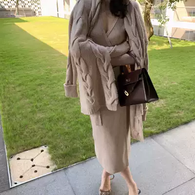 lowey 100% wool heavy thick twist knit cardigan jacket lazy wind