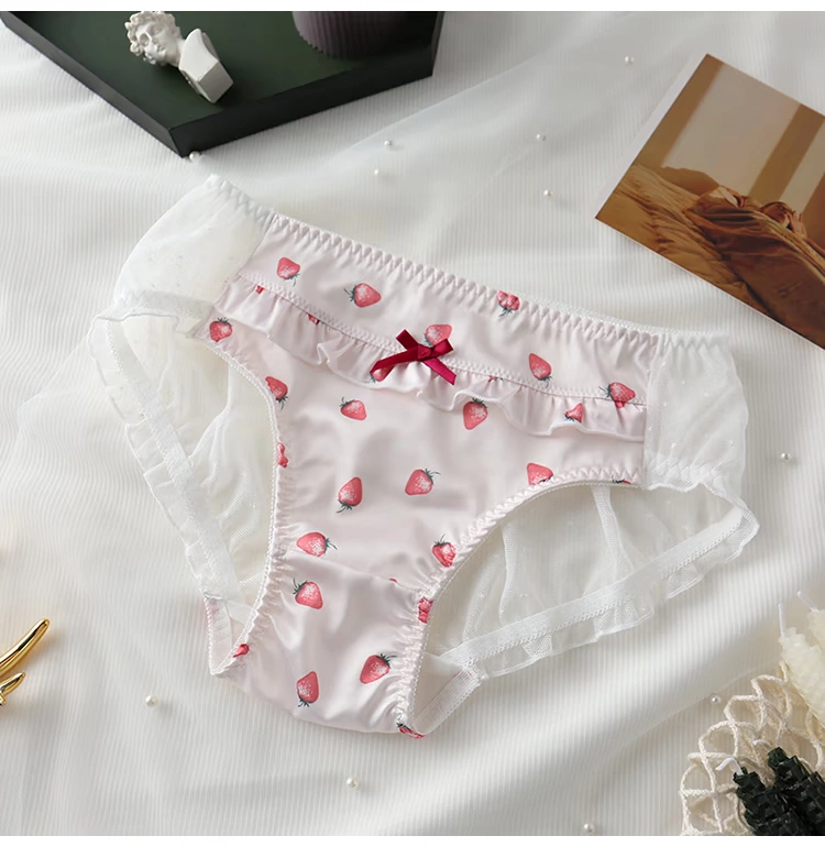 Satin mịn dễ thương dâu đào trái cây quần lót cô gái siêu mỏng trong suốt sexy quần lót lưới nữ giữa eo - Cặp đôi