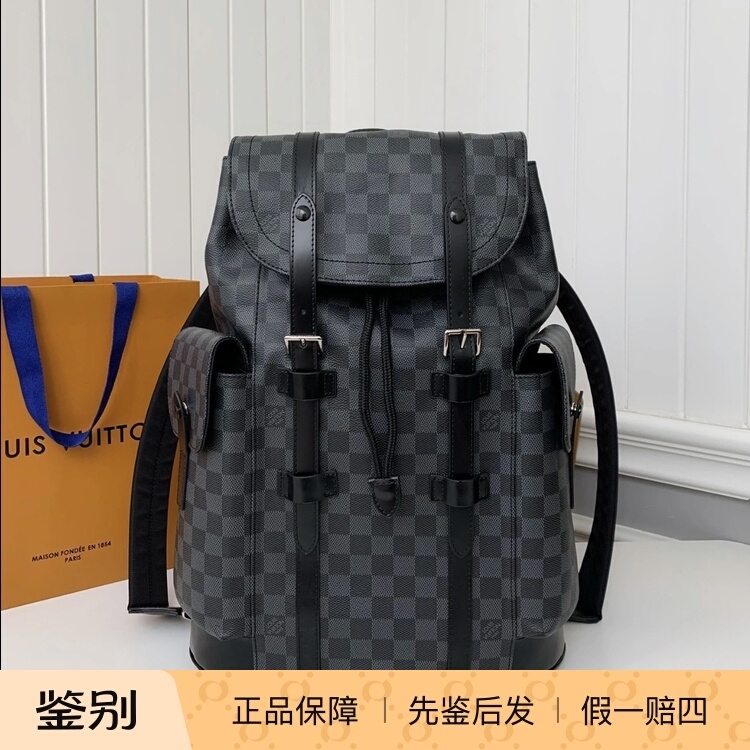 Lv Christopher Checkered Backpack Medium Size Graphite Black