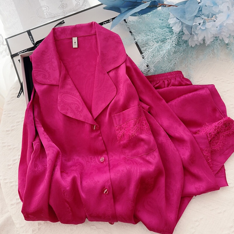 High-End Light Luxury Ice Silk Pajamas for Women, Dopamine Dragon Fruit Elegant Lace Jacquard Casual Loungewear Set