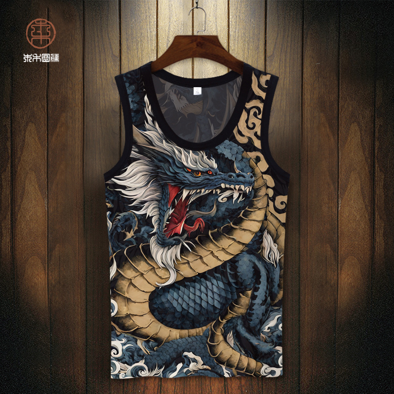 Ins Trendy Men's Vest 2026 New Dragon Print Sleeveless T-Shirt Oversized Summer Thin Seamless Tank Top
