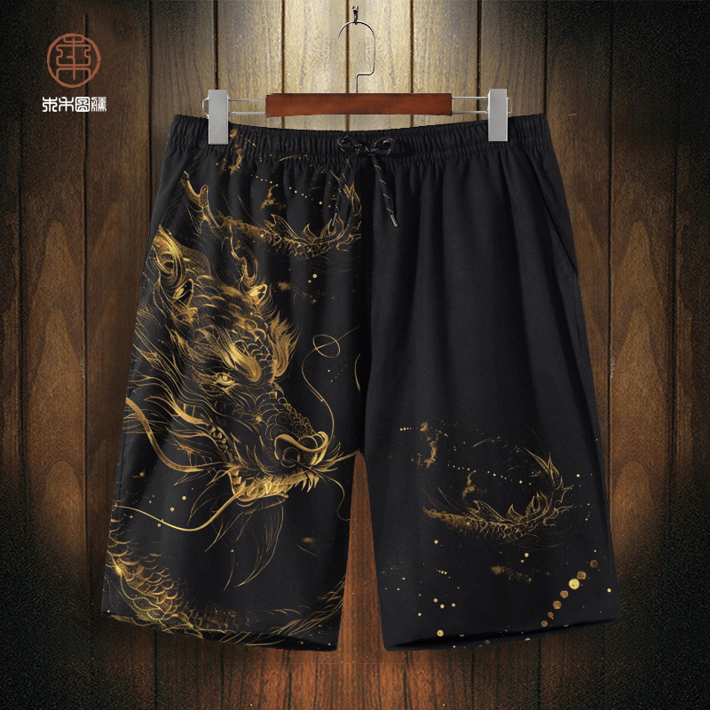 Dragon Print Shorts for Men, Chinese Style, New Model, Large Size, Plus Size, Beach Vacation Shorts, Suitable for Water Activities