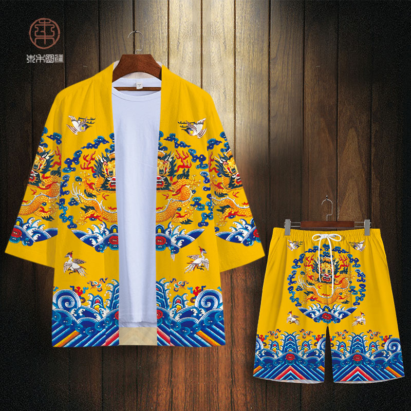 gió của Trung Quốc retro áo vàng nam áo choàng rồng thiết cổ đường gió áo Han váy quần áo hoàng đế và kimono quần áo hiệu suất