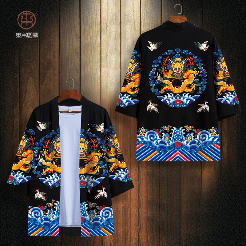 gió của Trung Quốc retro áo vàng nam áo choàng rồng thiết cổ đường gió áo Han váy quần áo hoàng đế và kimono quần áo hiệu suất