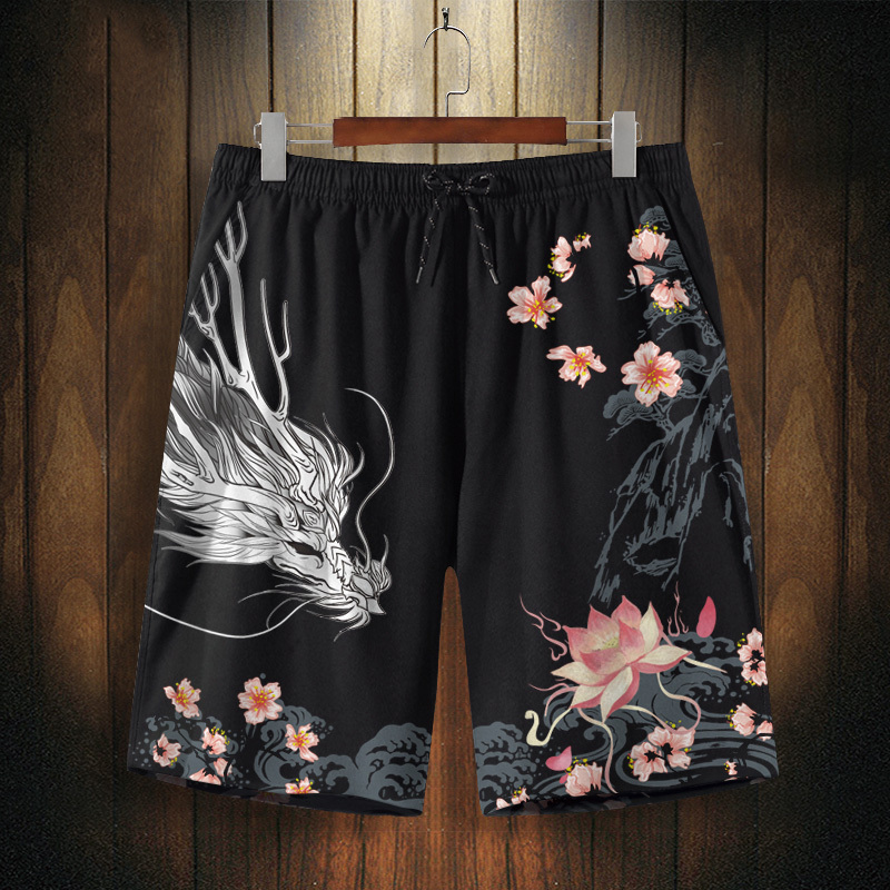 Chinese Style Men's Summer Shorts, Large Size, Loose Fit, Trendy Five-Point Pants, National Trend Dragon Pattern Print, Water-Resistant Beach Shorts