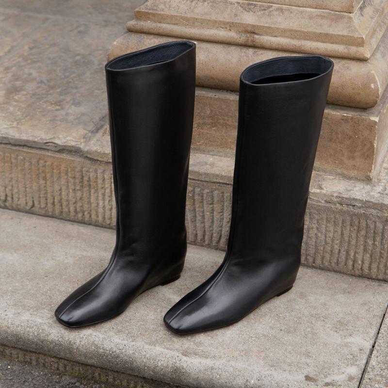 Giant Soft Top-Grain Leather~! Wedge Heel with a 6cm Internal Height Increase, Black Wide-Calf Long Boots, Genuine Leather Wide-Calf Long Boots for Women