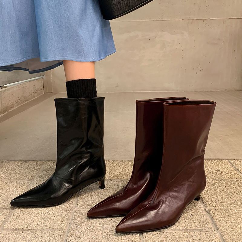 Light Luxury Texture! Minimalist Pointed Toe Kitten Heel High Boots with a Large Shaft, Thin Heel, Straight Tube, Burgundy Slip-On Mid-Calf Boots for Women