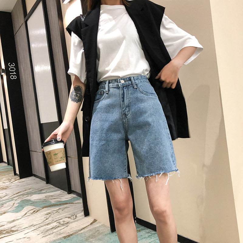 Korean five-point denim shorts women's summer 2021 new ins tide high waist loose Hong Kong style straight 5-point pants