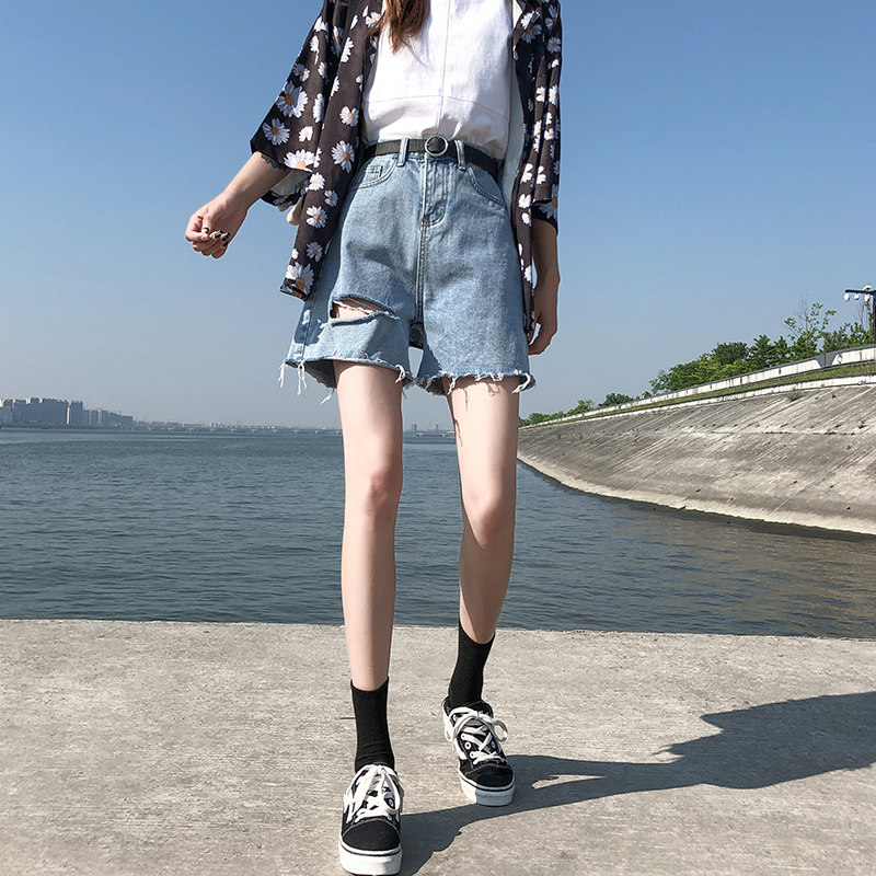 Korean ripped five-point denim shorts women's high waist summer 2021 new loose and thin net red straight pants tide