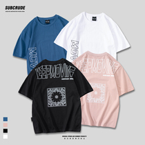 @Subcrude original tide brand retro five-point sleeve cotton t-shirt mens summer famous ethnic style printing loose all-match short-sleeved