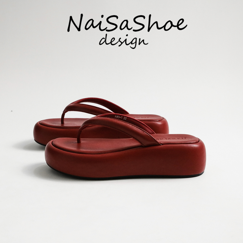 French Retro Hong Kong Style Red Thick-Soled Flip-Flops for Women, Summer Outdoor Casual Beach Vacation Style Sandals