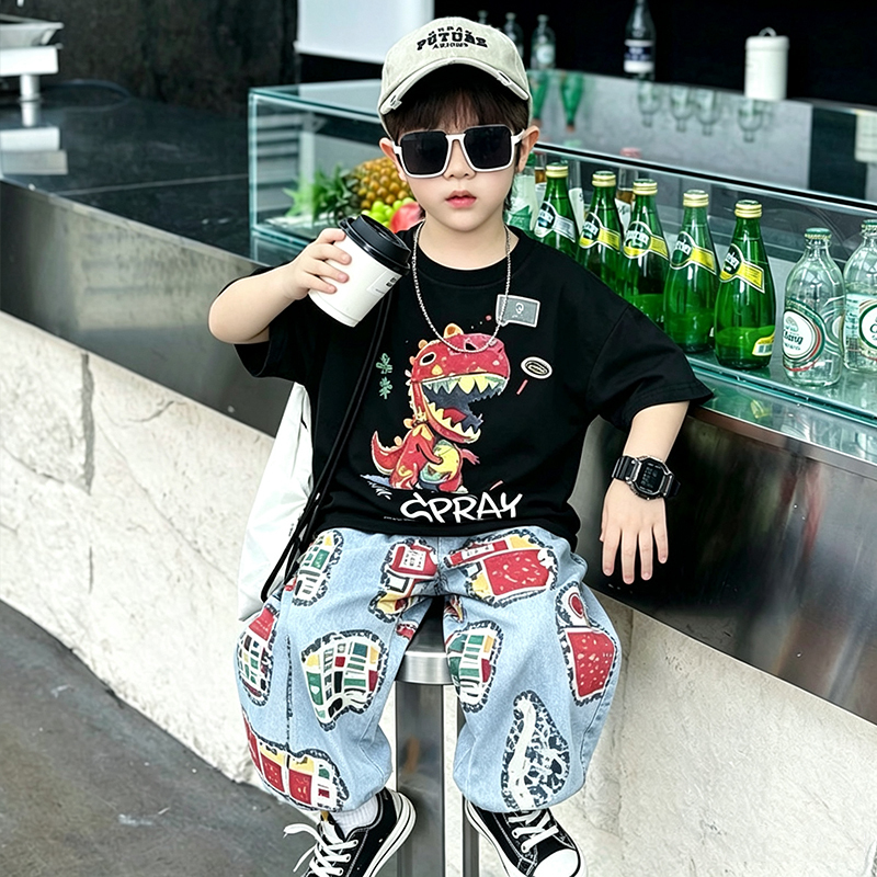 Boys' Summer Outfit 2026 New Trendy Cool Children's Dinosaur Clothing Baby Breathable Loose Two-Piece Set with Mosquito-Proof Pants