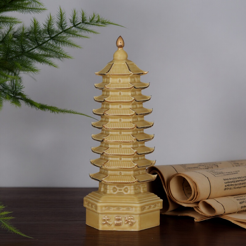 Earthy Yellow Ceramic Wenchang Tower Ornament, Five Floors, Seven Floors, Nine Floors, 13 Floors, Student Exam Study Room Desktop Decoration