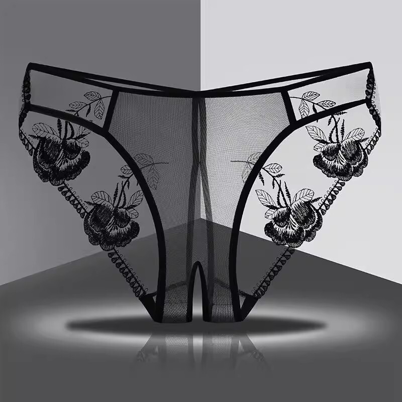 Vini's Crotchless Lace Trim Thin Sexy Panties for Women, Fully Transparent Lace Edge, Sexy and Comfortable Mesh