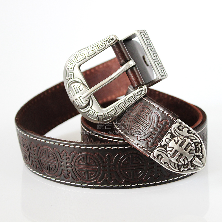 Belt Men's section Adult Mongolian elements Elemental Tide Pure Bull Leather Embossing Daily Life Belt Retro National Wind-Taobao