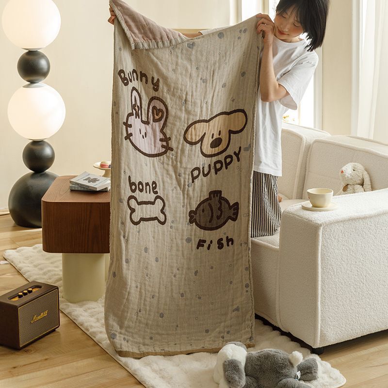 Japanese-Style Cartoon Pure Cotton Bath Towel, Four-Layer Gauze Cotton-Linen, Water-Absorbent, Sweat-Absorbent, Quick-Drying Large Towel, Bath Towel, Thin Blanket