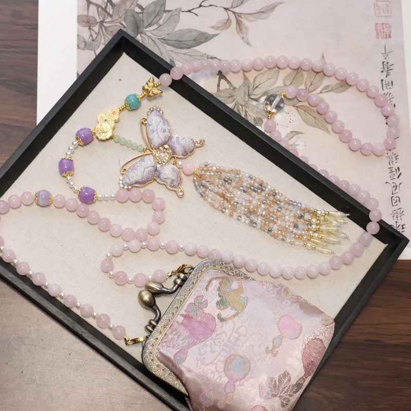 Original Design New Chinese Style Necklace Bag Accessory Pearl Long Crossbody Chain Beaded Chalcedony Stone Butterfly Tassel