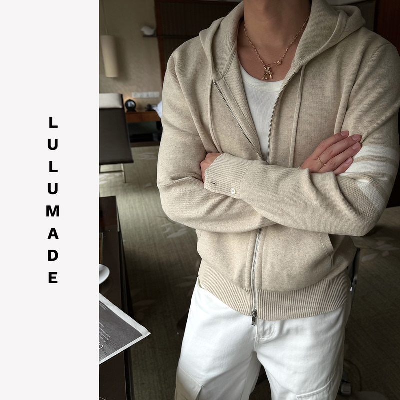 Lulumade【Four Stripes 21170 Edition】Old Money Relaxed Fit Hooded Zipper Knit Sweater Jacket for Men