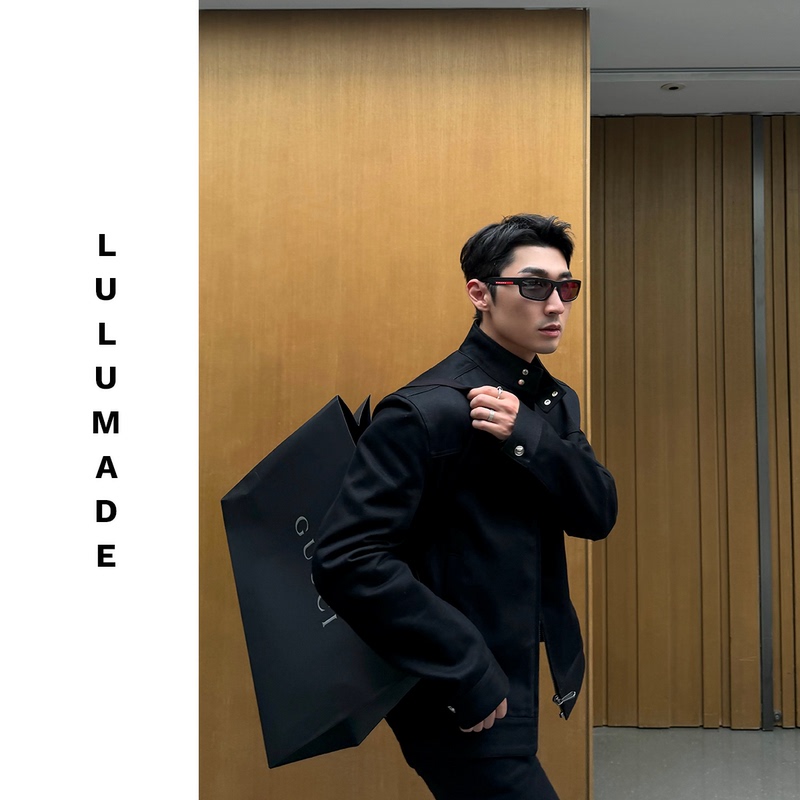 Lulumade【Guc21700 Version】Heavyweight Genuine Leather Horsebit Harrington Stand Collar Jacket Denim Coat for Men