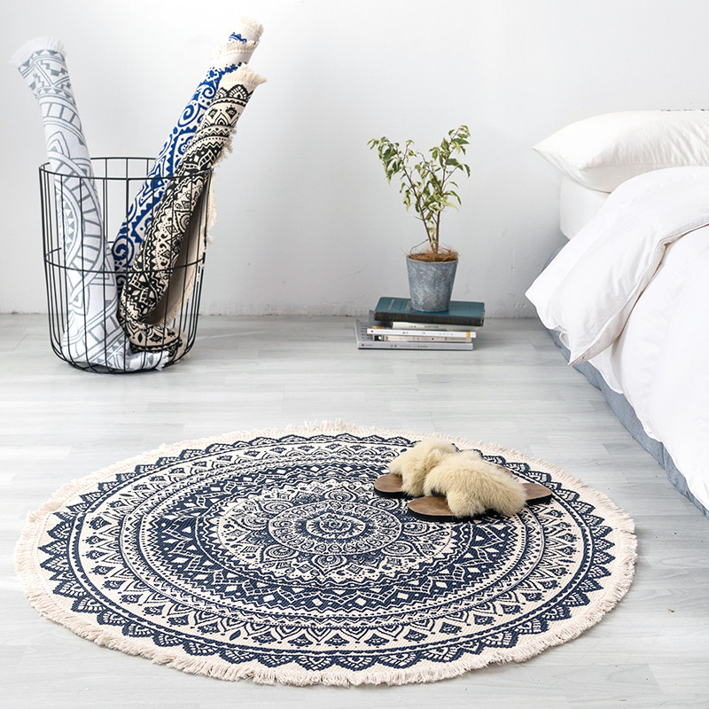Indian ethnic style cotton and linen round floor mat homestay apartment bedroom coffee table mat machine washable carpet