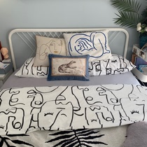 Nordic minimalism pure cotton four-piece set abstract art lines White bedding Mens double duvet cover fitted sheet