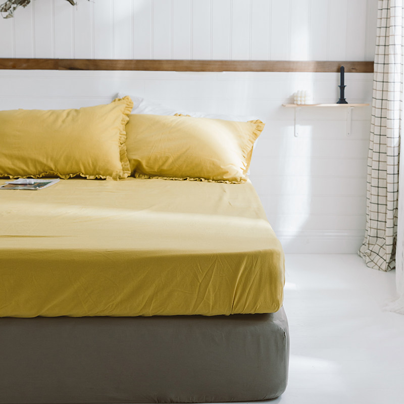 Light rice single pint pure colour full cotton single piece washed bed linen sheet mattress protective sleeve double step up size