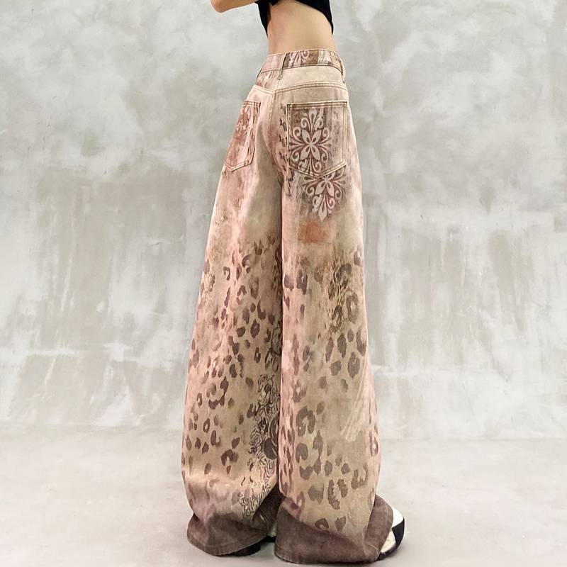 Handsome Digital Print Khaki Jeans for Women, New Summer Style, High-Waisted, Loose, Slimming, Versatile Straight-Leg Wide-Leg Pants, Trendy