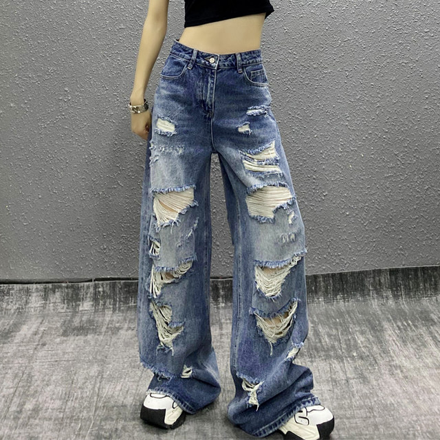 ຍີ່ຫໍ້ Trendy ripped washed jeans ບາດເຈັບແລະສໍາລັບແມ່ຍິງ summer ຄົນອັບເດດ: ໃຫມ່ waist ສູງວ່າງ slimming versatile ຊື່ຂາກ້ວາງ pants