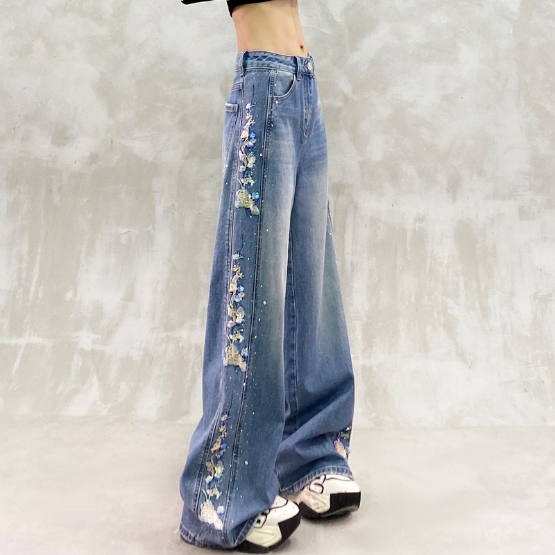 Embroidered Floral Design Heavy-Duty Casual Jeans for Women, New Spring Style, High-Waisted, Loose, Slimming, Versatile Straight-Leg Wide-Leg Pants