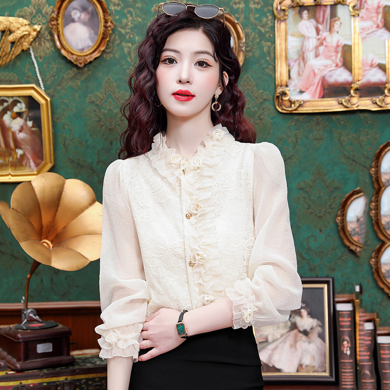 High-End European Lace Ruffle Shirt with 3D Embroidery and Crochet Long Sleeves for Women, Made of Silk and Mulberry Silk, Trendy Top