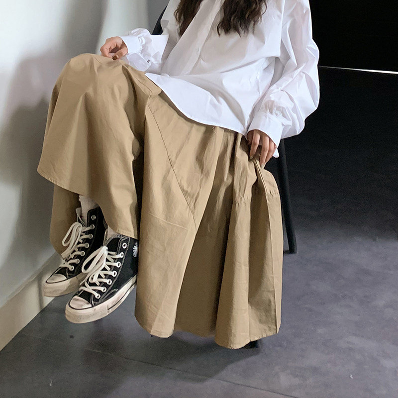 Simini lazy long dress retro spring dress A word half body dress girl Early spring large size Umbrella dress Skirt Shade with its color Fat mm