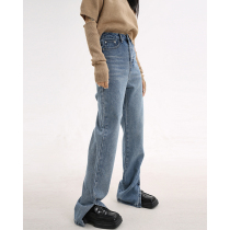 Race small Lazy Light Color Micro Lakfork Jeans Women Spring High Waist Straight Drum Towering open slit pants Damp Broadleg Retro